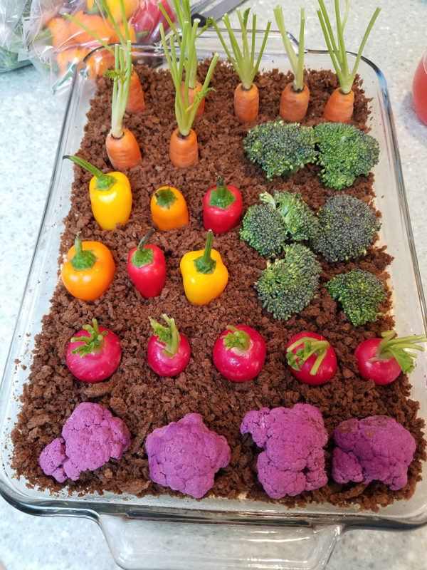 Colorful Spring vegetables displayed like a garden with rye bread crumbs and humas made by the Sisters of the Community of Jesus