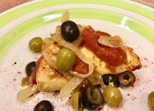 Chicken Dinner recipe with olives, onions and tomatoes, made by Sisters from the Community of Jesus on Cape Cod.